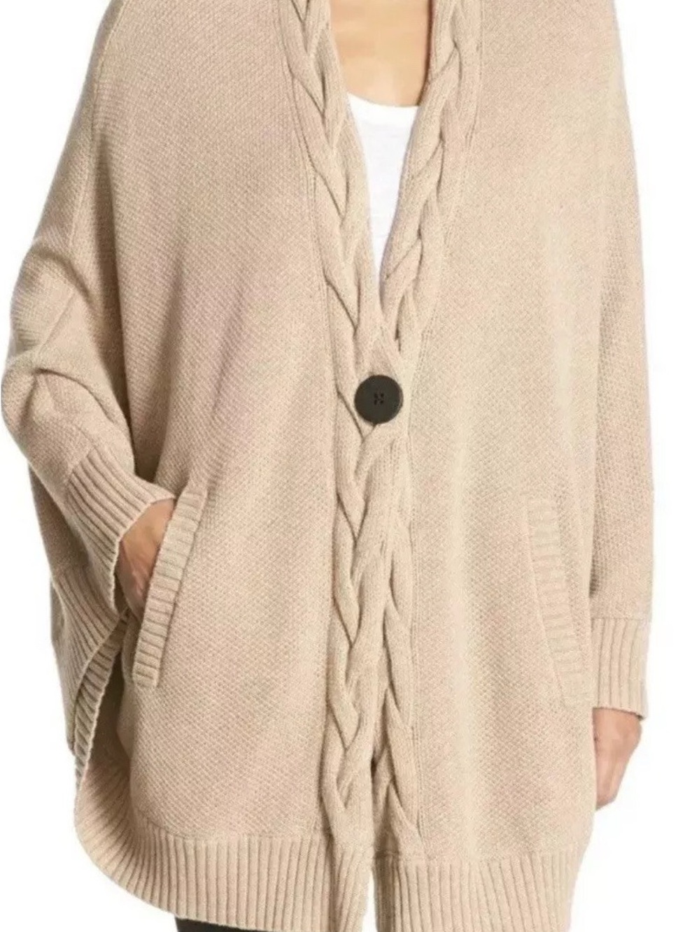 UGG Beige Cable-Trim Button Front Poncho Sweater